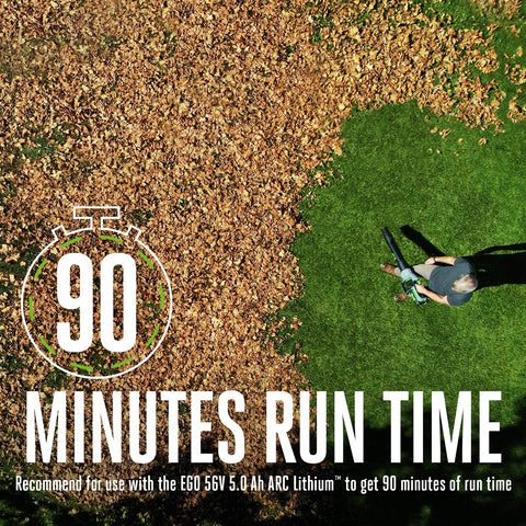 EGO Power+ Leaf Blower offers up to 90 minutes runtime on a single charge with a 5.0Ah battery.