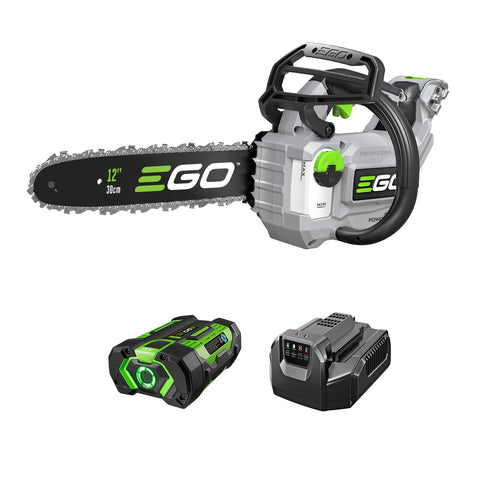 EGO Power+ 12-inch cordless chainsaw in action cutting a log