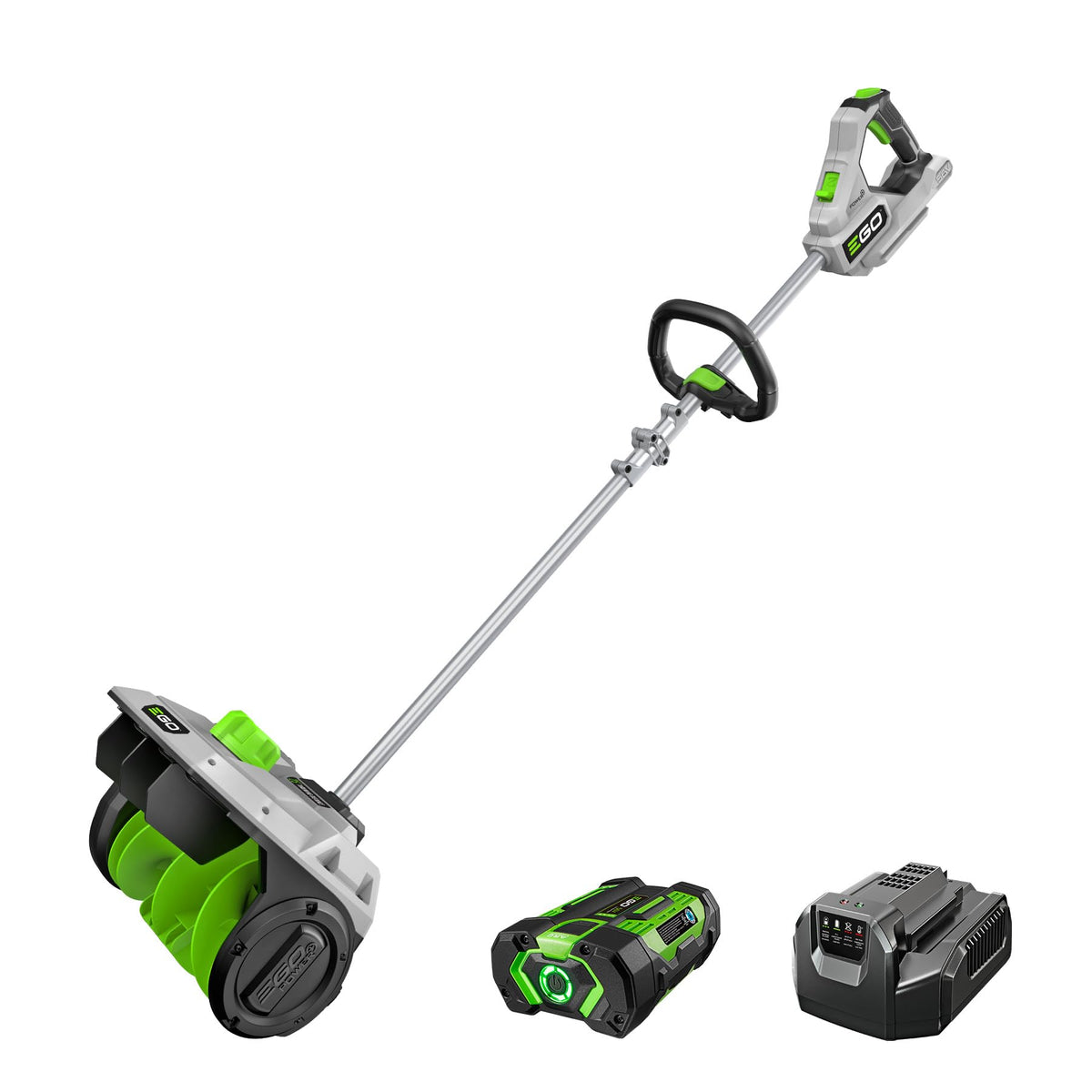 EGO Power+ 12-inch snow shovel front view with battery visible for portable snow removal