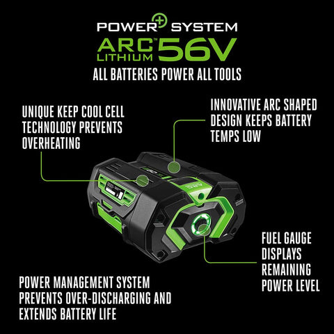 EGO Power+ 56V battery side view emphasizes durable, compact design.