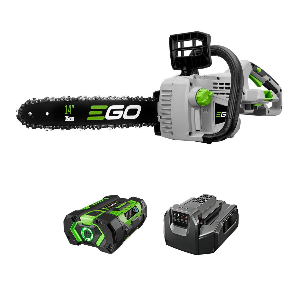 EGO Power+ chain saw with 14-inch bar for hardwood cuts
