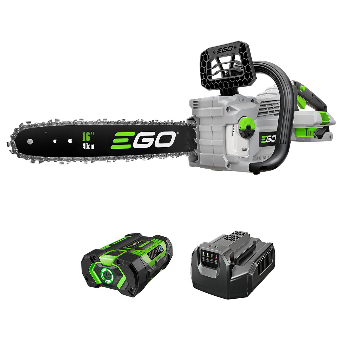 EGO Power+ CS1611 with a 16-inch bar for precise pruning and wood cutting