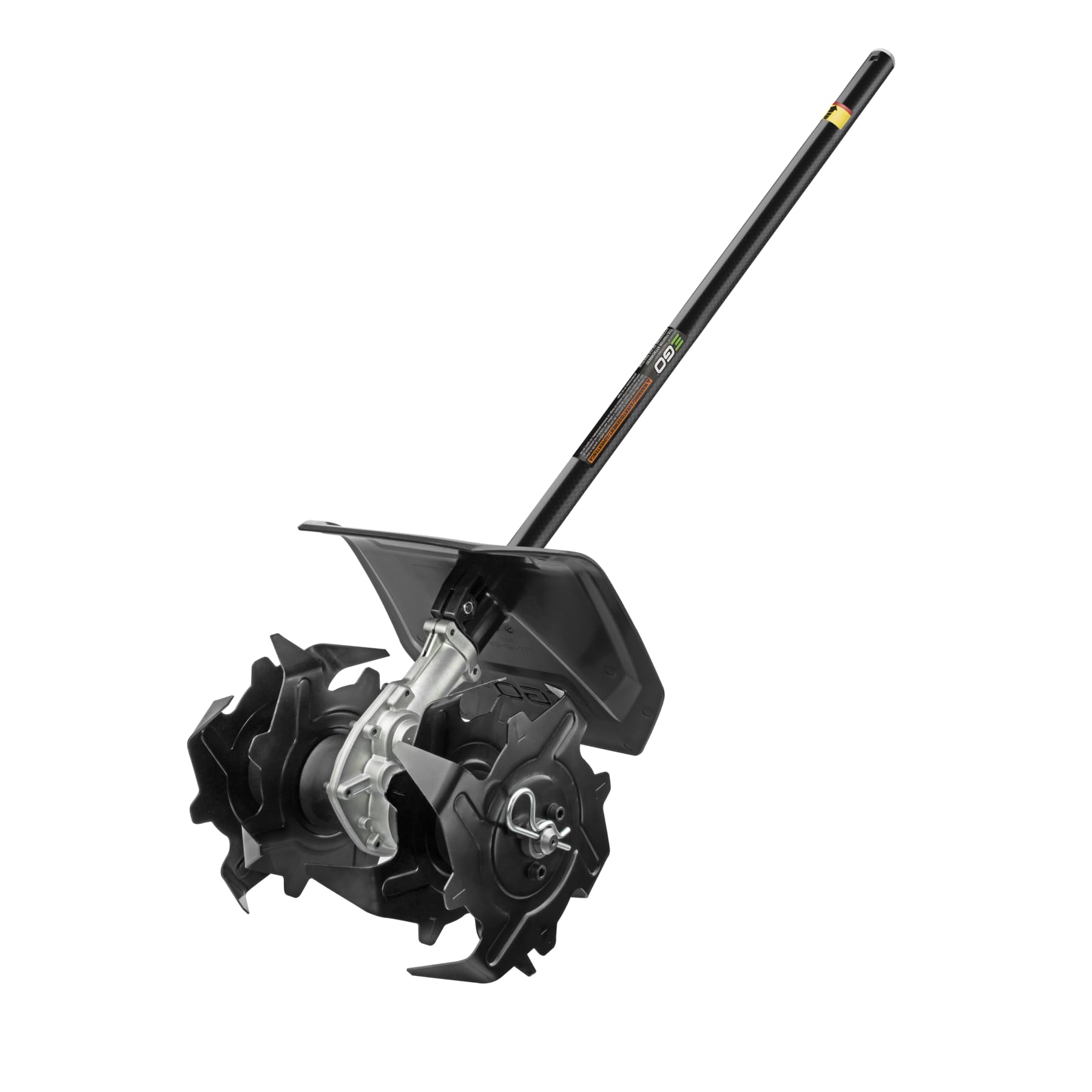 EGO Power+ cultivator attachment with carbon fiber shaft and adjustable tines for efficient soil tilling.