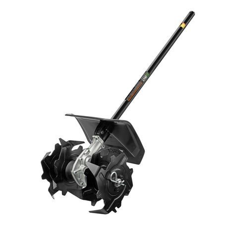 EGO Power+ cultivator attachment with carbon fiber shaft and adjustable tines for efficient soil tilling.