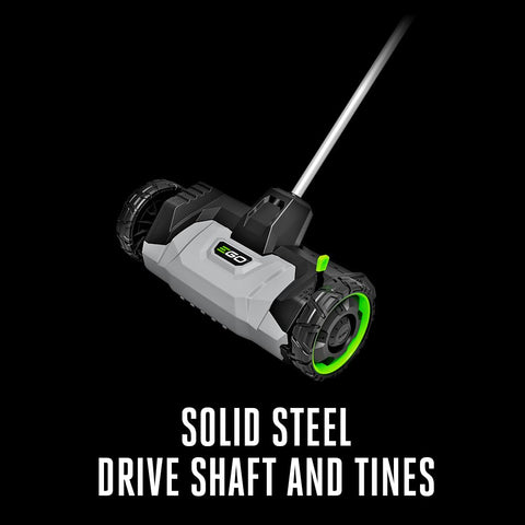 IPX4 weather-resistant EGO dethatcher construction for outdoor use.