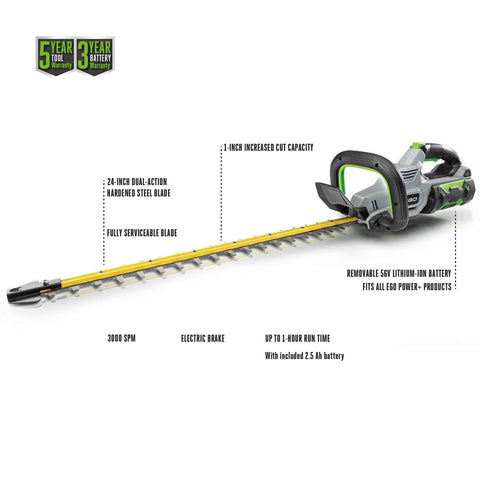 Electric brake on EGO hedge trimmer enhances control during pruning.