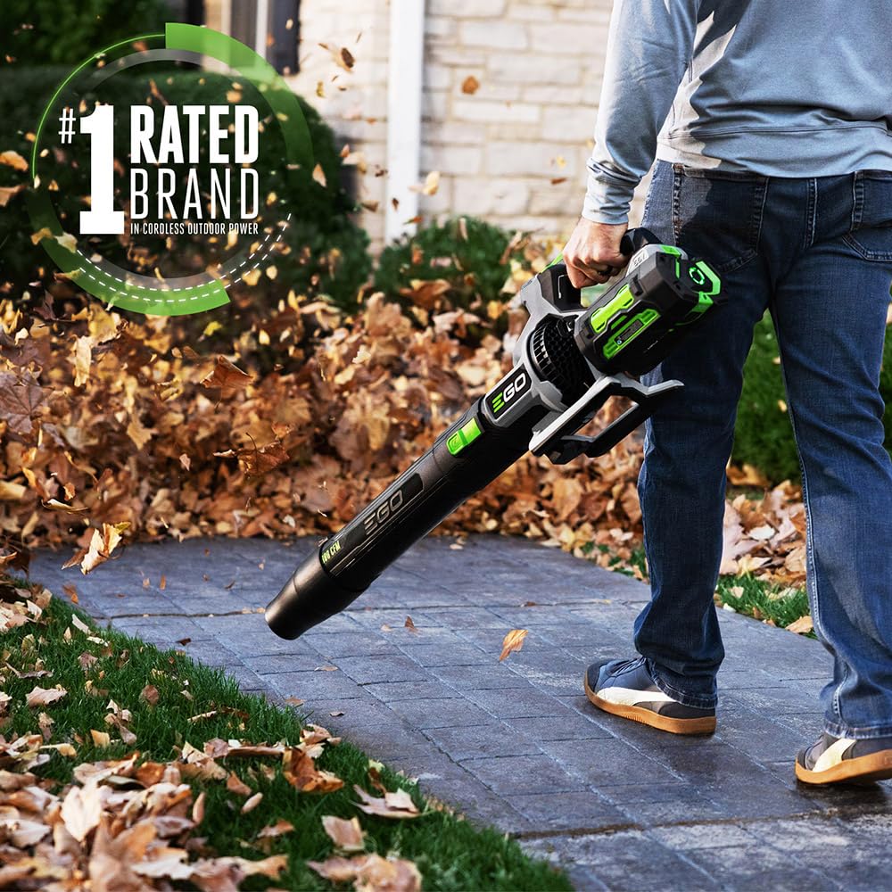 EGO Power+ leaf blower maximum CFM for fast yard clearing.