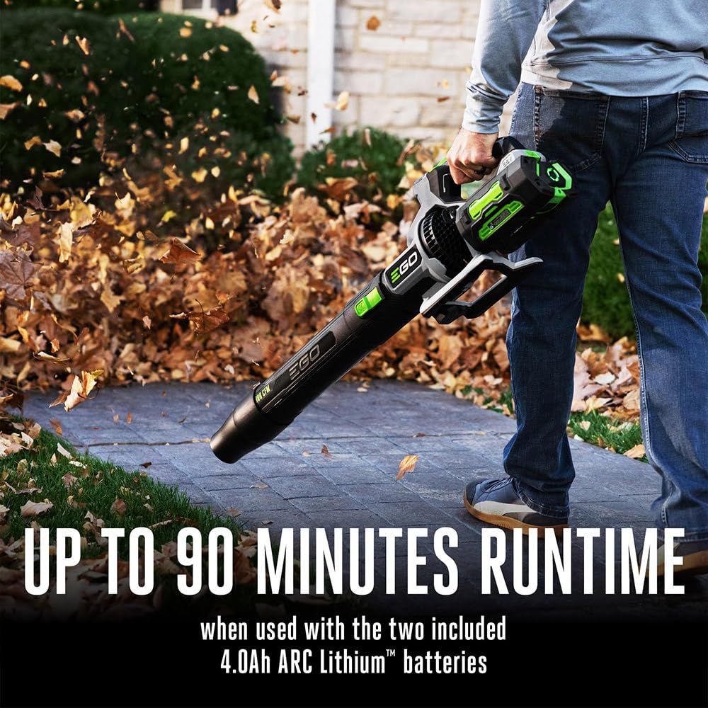 EGO Power+ leaf blower tapered nozzle concentrates airflow for precise clearing.