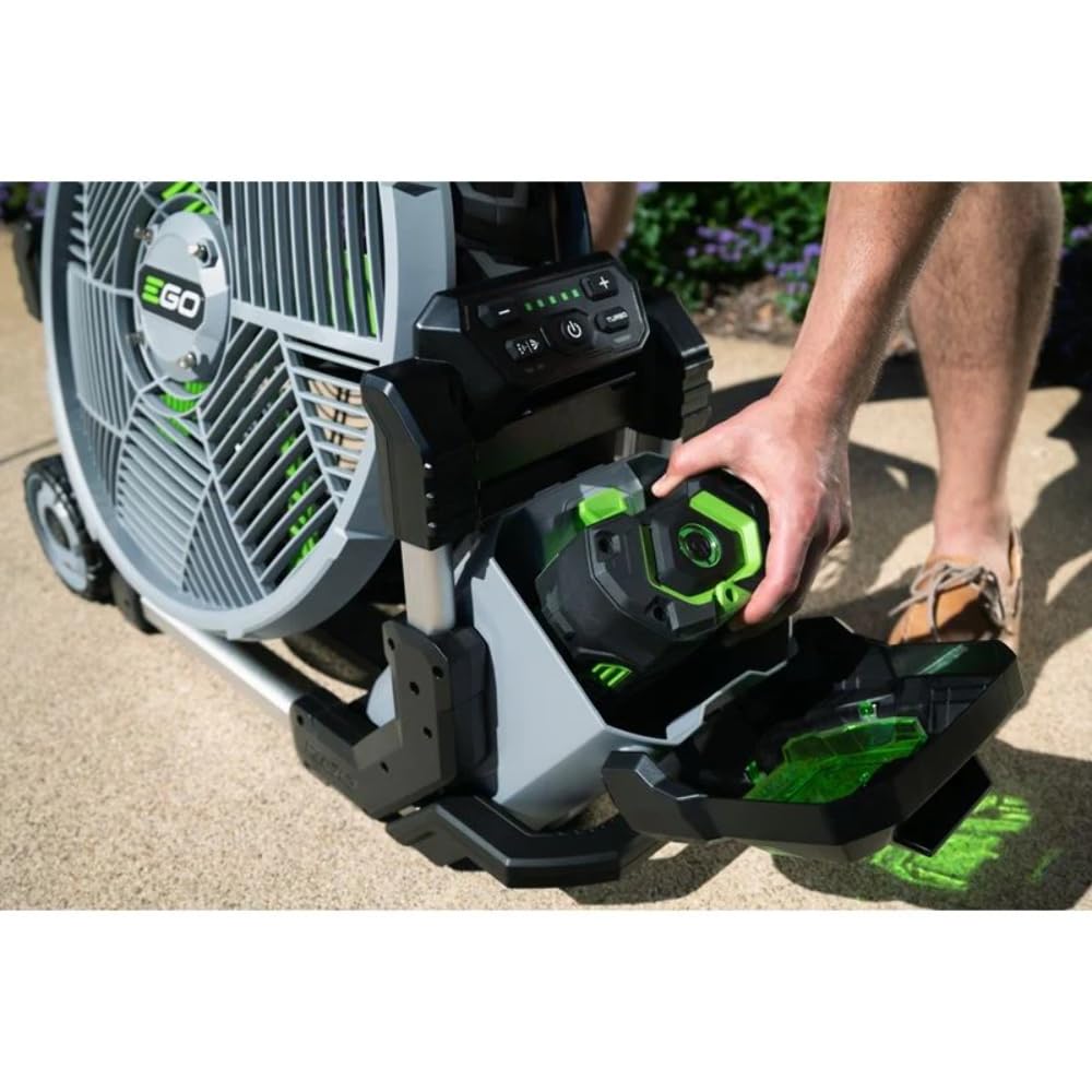 EGO Power+ misting fan showing two misting modes for adjustable cooling.