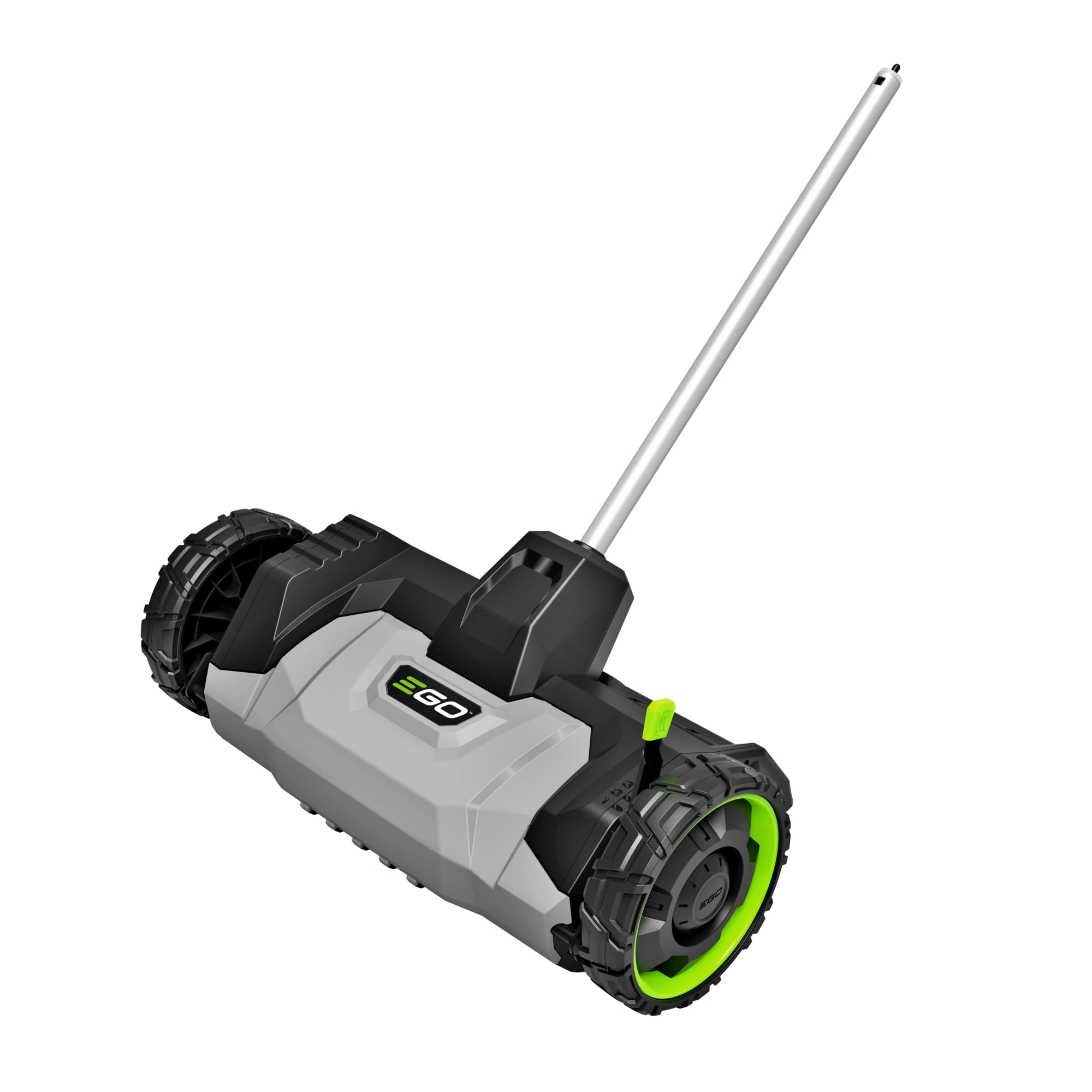 EGO Power+ dethatcher attachment shows 14-inch clearing width for efficient debris removal.