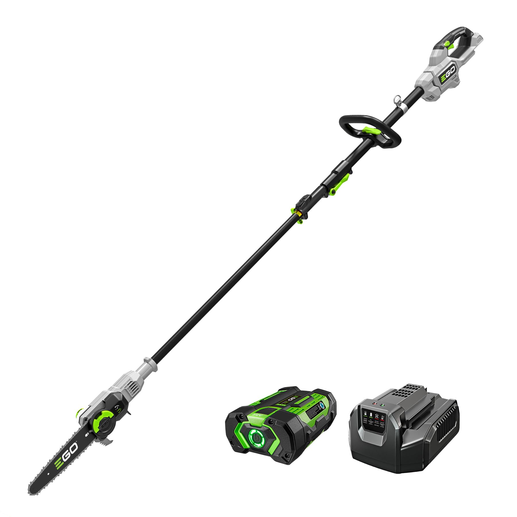EGO Power+ Pole Saw with LED cut line indicator enhances precision in low light.