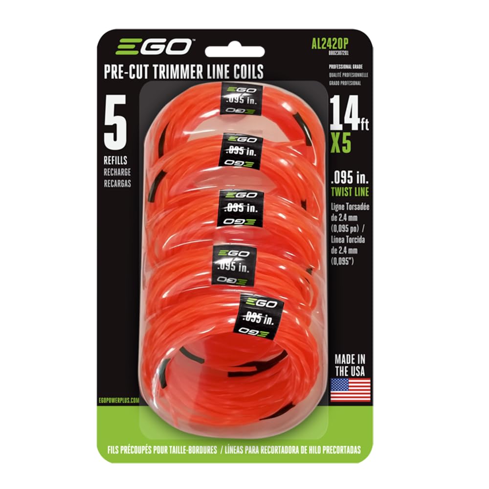 EGO Power+ twisted trimmer lines, 0.095 inch, pre-cut 5-pack for quick replacements.