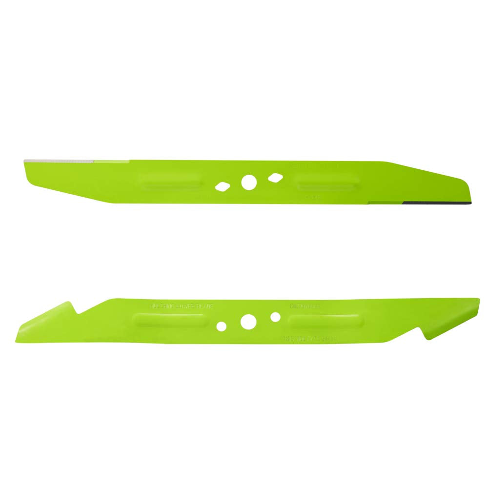 EGO Power+ premium mulching dual-blade set showing upper and lower blades for extended cut quality in lawns