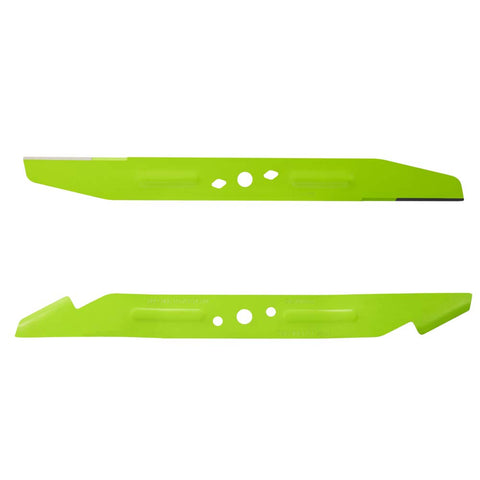 EGO Power+ premium mulching dual-blade set showing upper and lower blades for extended cut quality in lawns