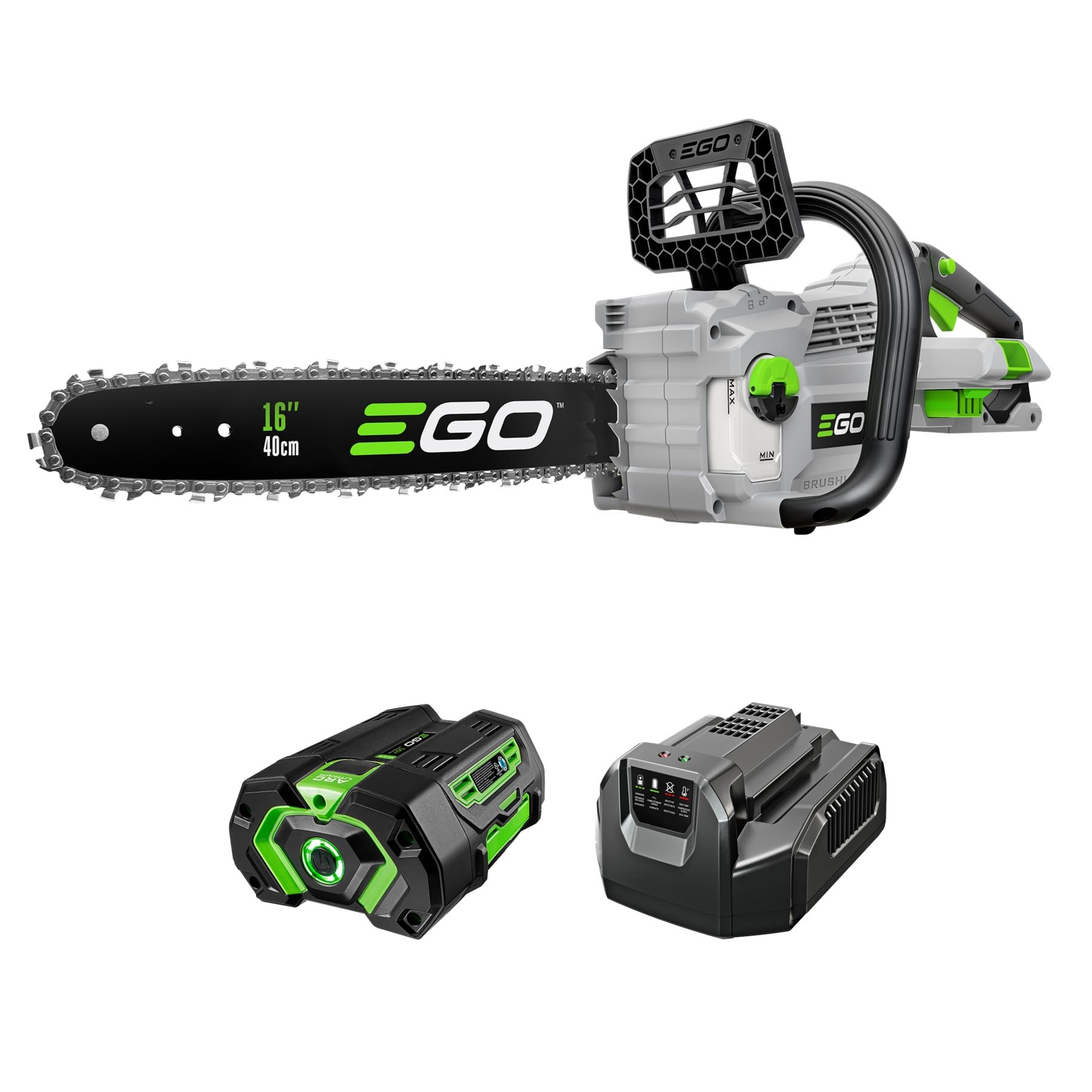 EGO Power+ CS1613 16-inch bar and chain shown for precise, clean cuts.