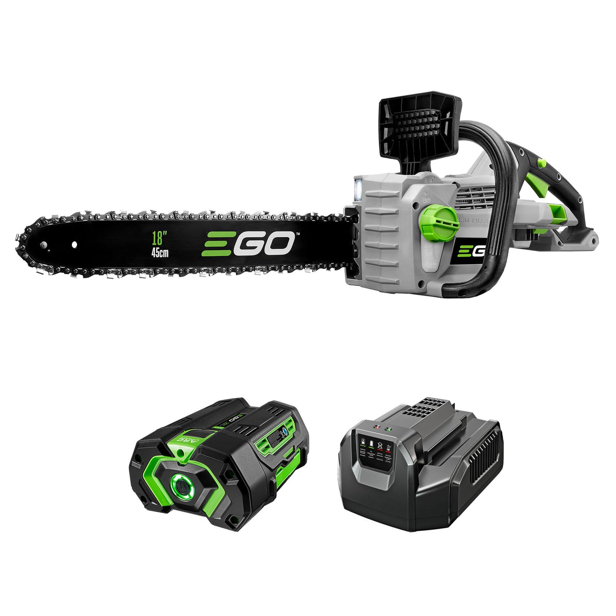 EGO Power+ CS1803 with 18-inch bar ready for large limb cuts.