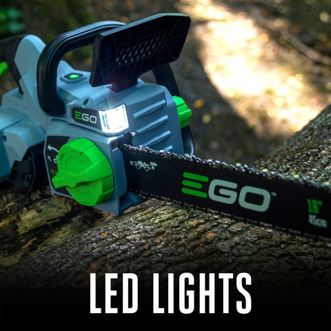 EGO Power+ CS1803 tool-free chain tensioning dial for fast adjustments.
