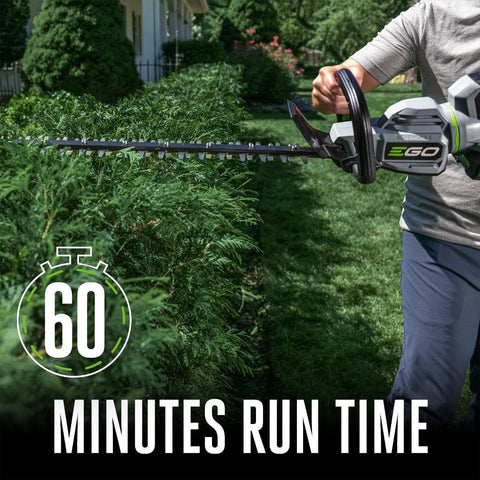 EGO Power+ hedge trimmer with 180-degree rotating handle for versatile angles.