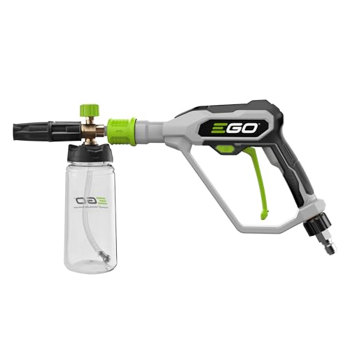 EGO Power+ Premium Brass Foam Cannon close-up of foam control knob and adjustable nozzle for precise spray.