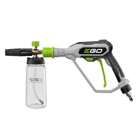 EGO Power+ Premium Brass Foam Cannon close-up of foam control knob and adjustable nozzle for precise spray.