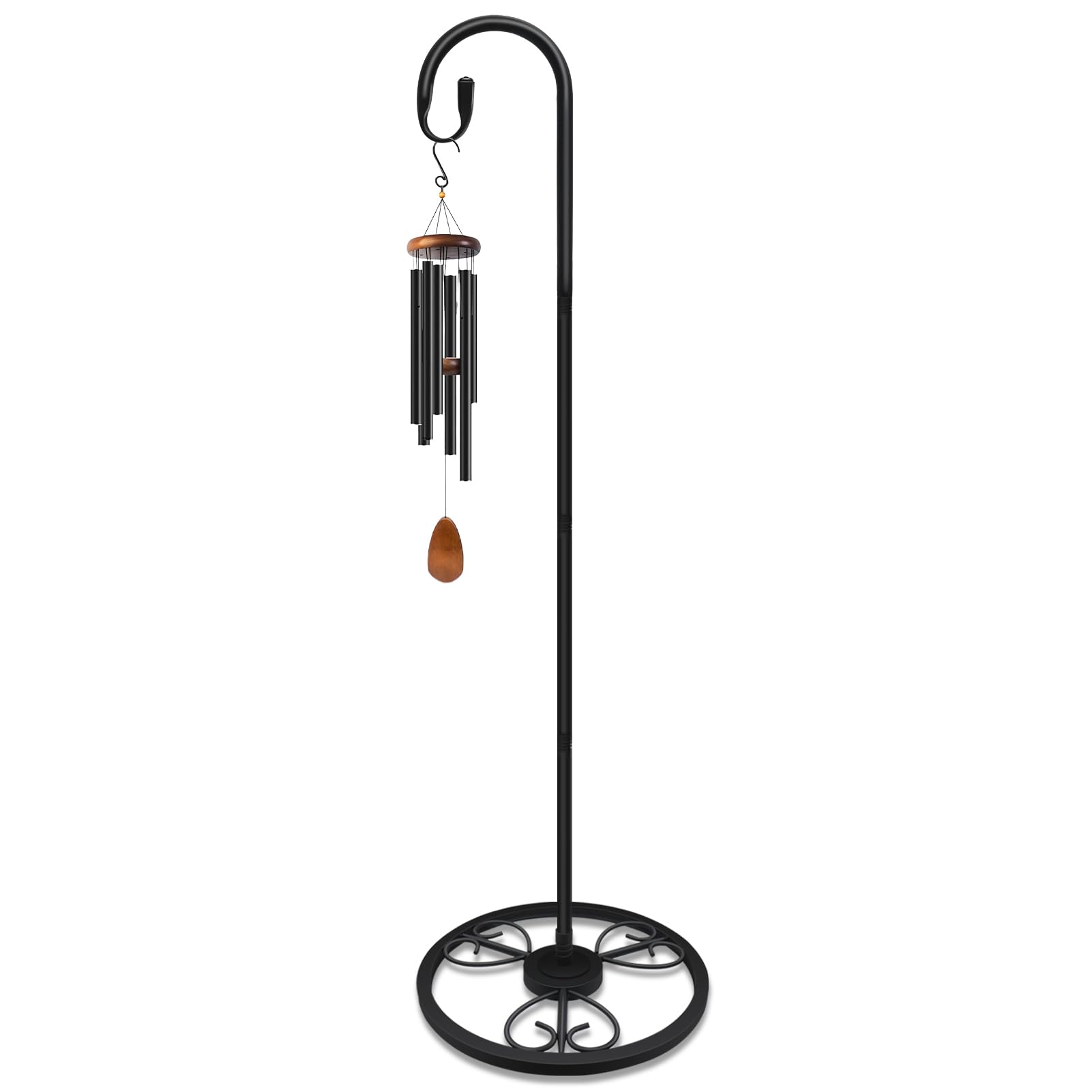 EGOMYRON 63-inch adjustable shepherds hook base provides sturdy outdoor support for wind chimes.