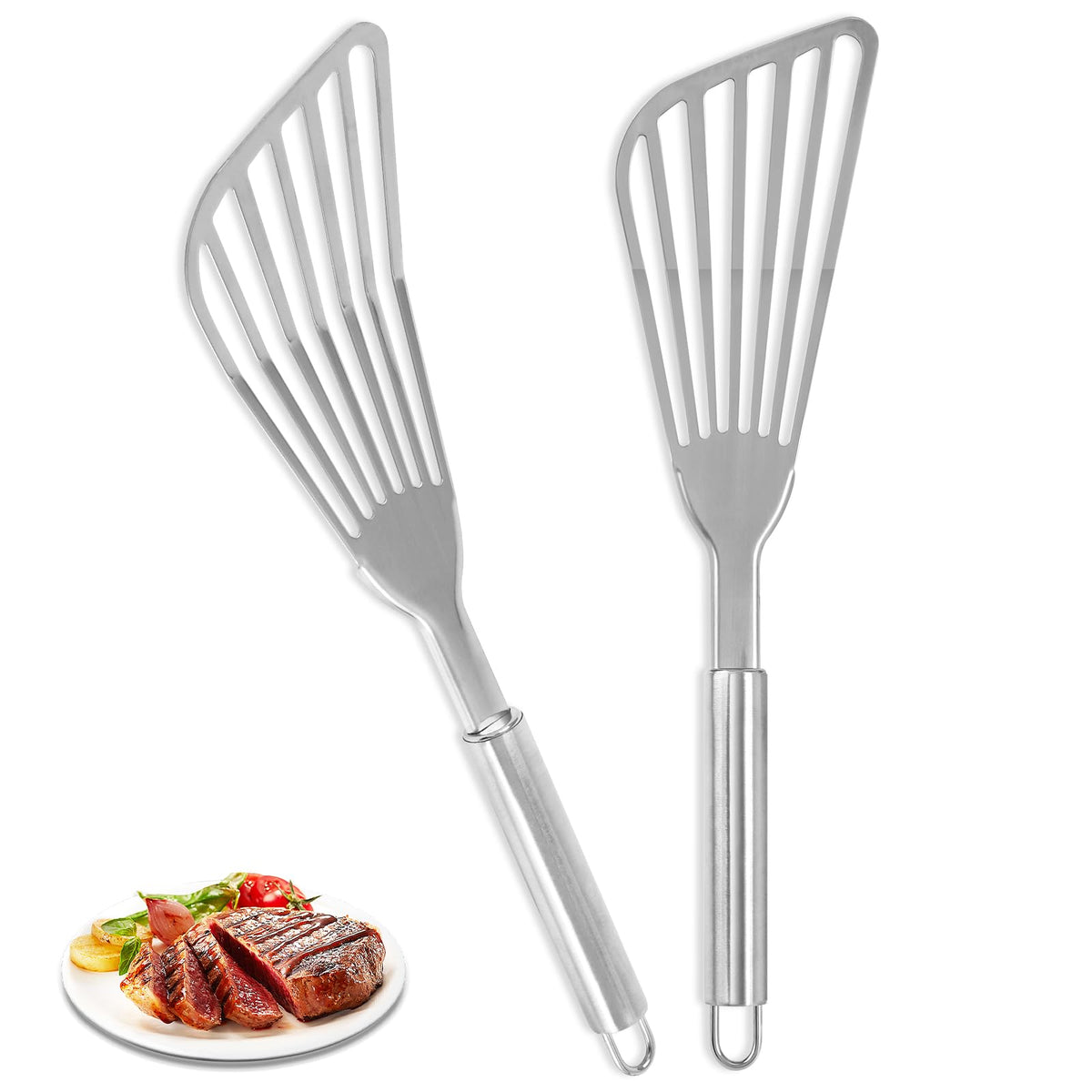 Egypamid 2Pack Fish Spatula front view highlights premium stainless steel and balanced grip.