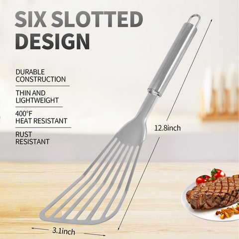 Egypamid fish spatula close-up blade shows beveled edge for easy sliding under food.
