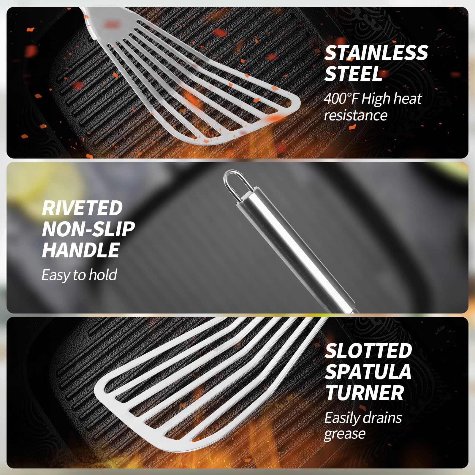 Egypamid slotted design drains oil, keeping foods less greasy during flipping.