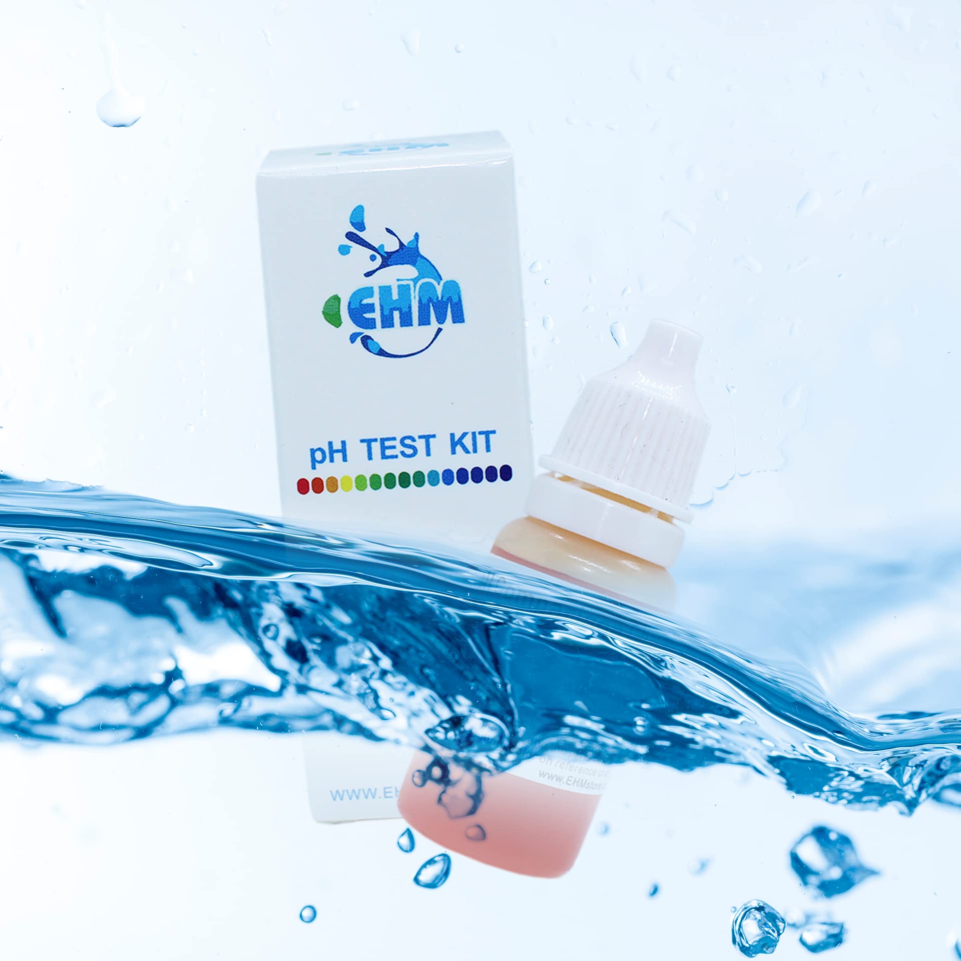 EHM Alkaline Water pH test kit in use with glass water sample.