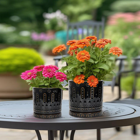 Eightpot ceramic plant pot outdoors blends with balcony greenery.