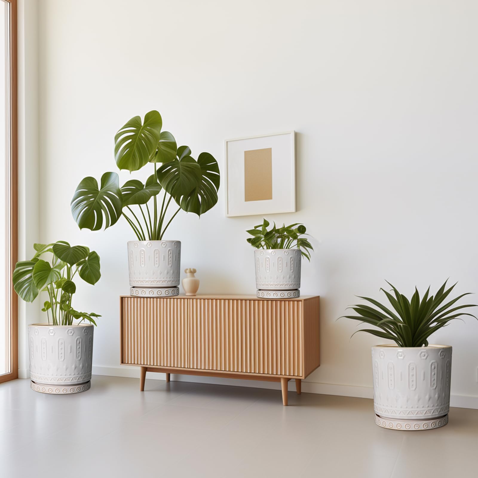 Eightpot 10-inch planter with decorative glaze fits modern shelf styling.