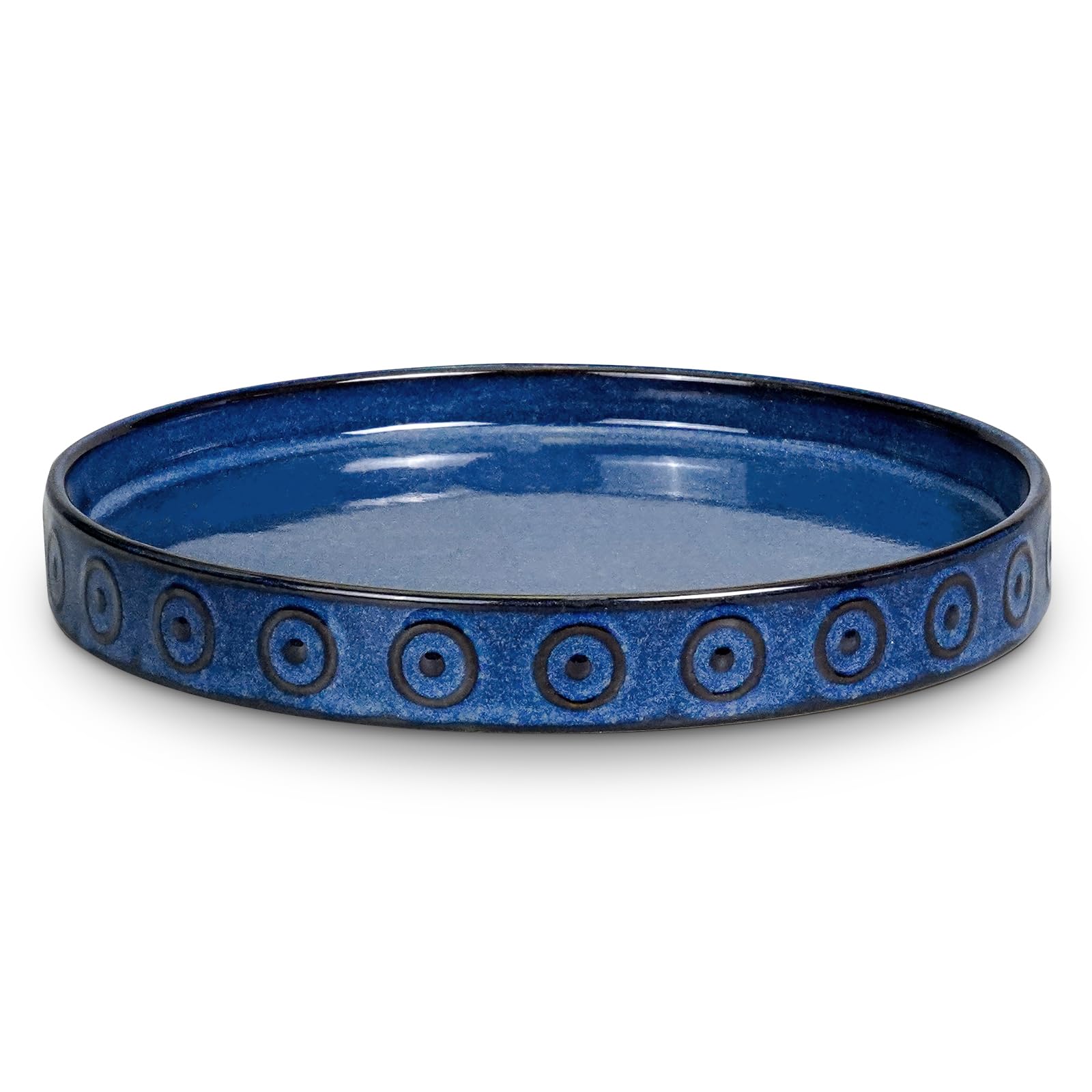 Eightpot blue ceramic plant saucer with 7.5-inch diameter catches excess water.