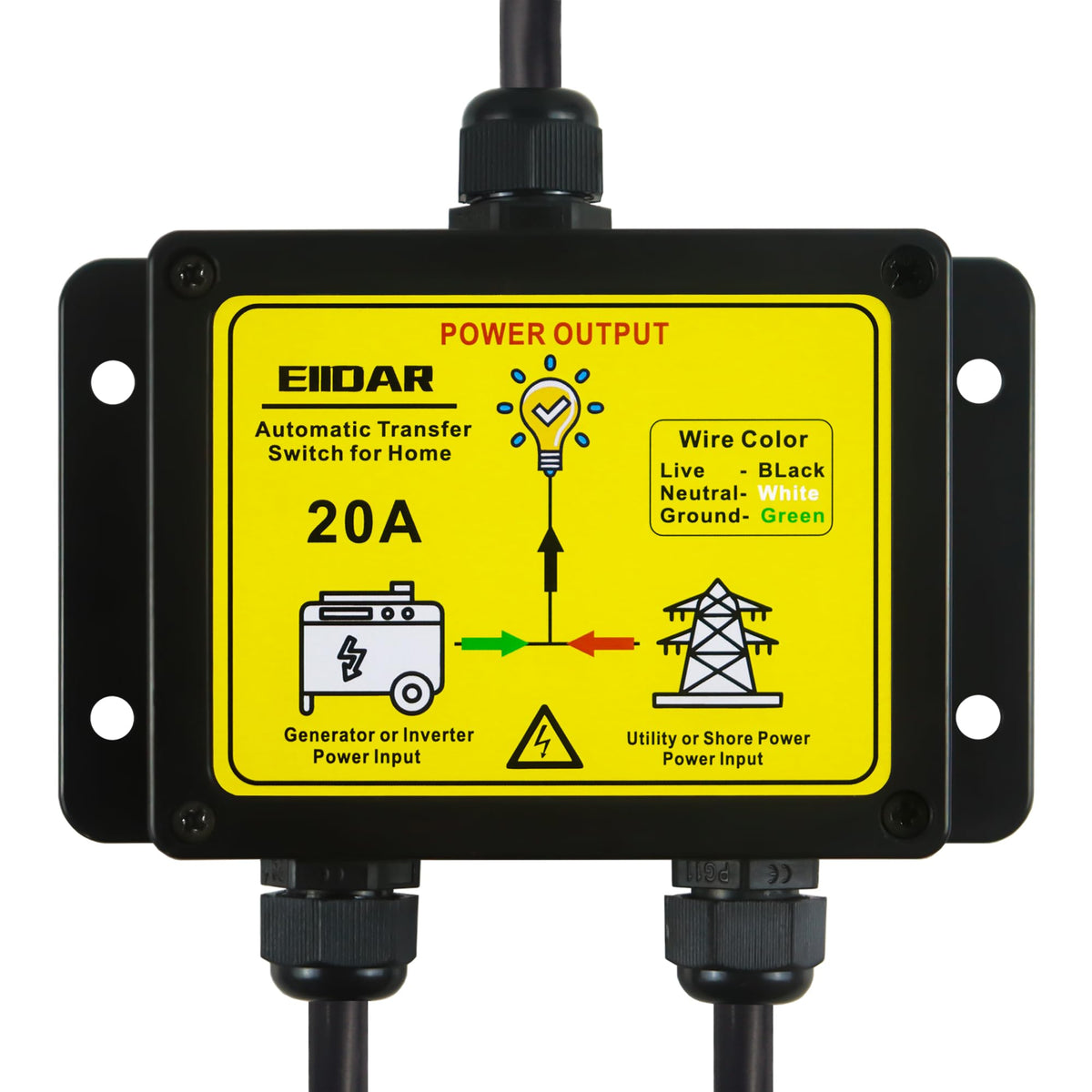 EIIDAR ATS AC120V 20A front view highlights compact durability for reliable power switching.