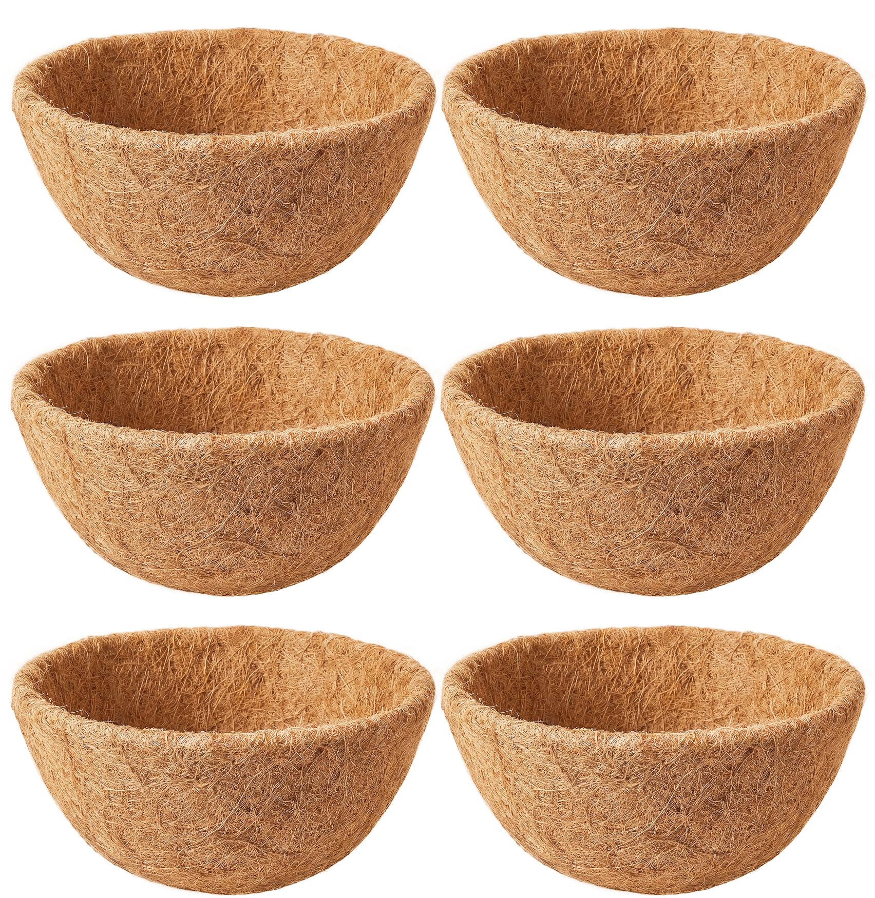 EINYEXW six-pack coco liner in a hanging basket offers durable, natural moisture balance.