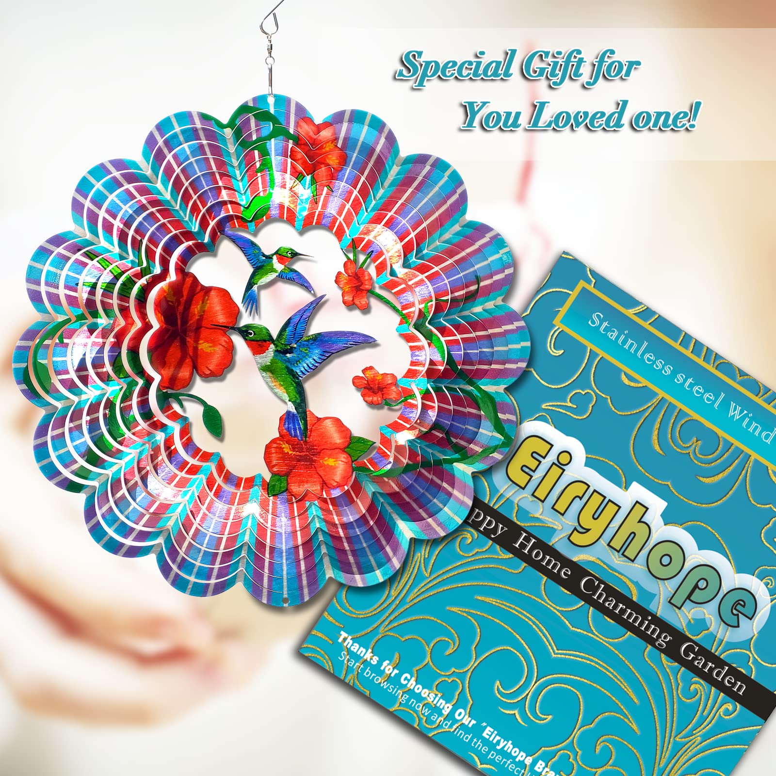 Eiryhope hummingbird wind spinner 3D-kinetic spins gently to beautify outdoor spaces.