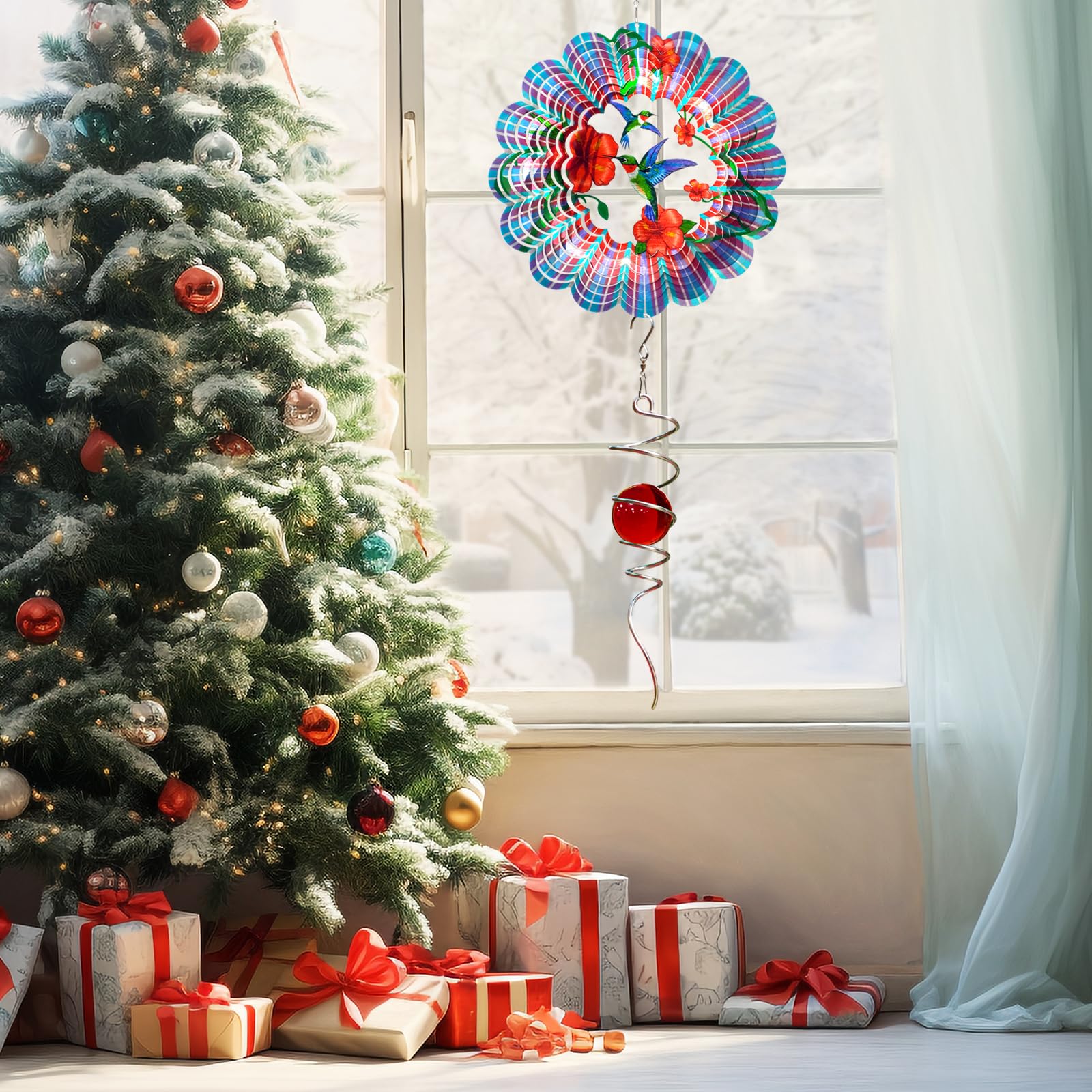 Eiryhope stainless-steel wind spinner reflects light, enhancing garden ambiance.