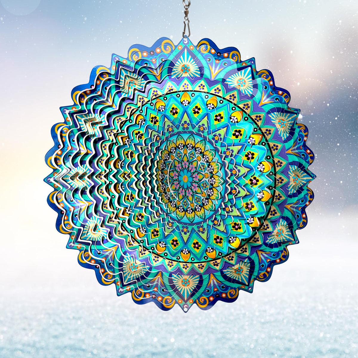 Eiryhope wind spinner mandala peacock full view adds color and motion to outdoor spaces.