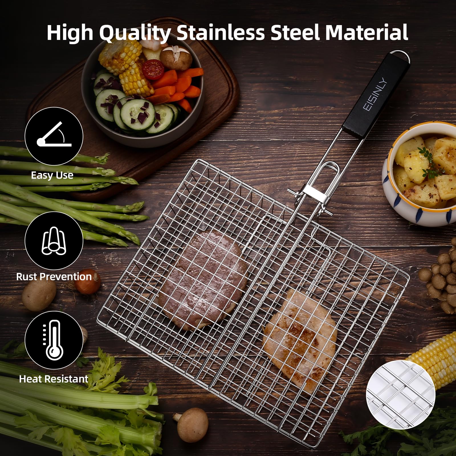 Detachable wooden handle on EISINLY grill basket for easy transport