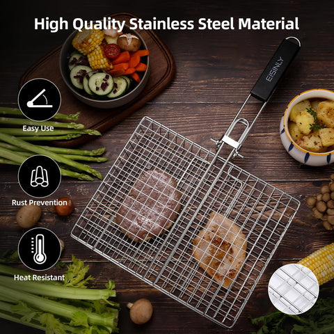 Detachable wooden handle on EISINLY grill basket for easy transport
