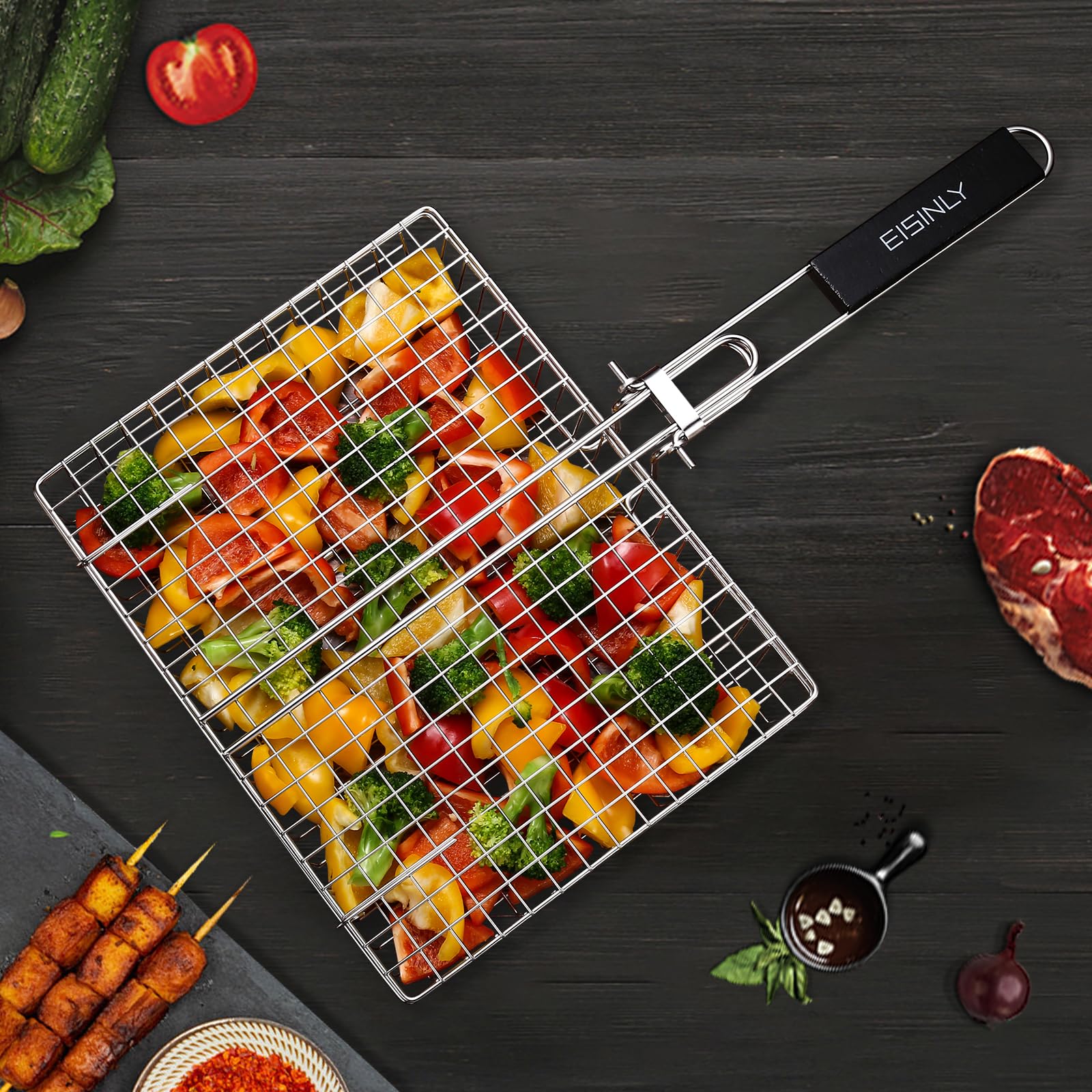 Picnic-ready EISINLY grill basket perfect for camping or family barbecues