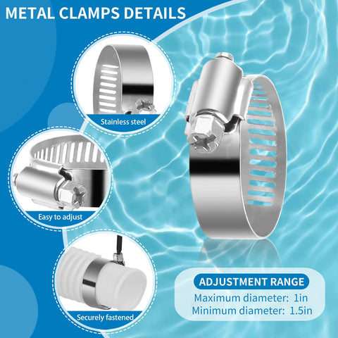 Metal clamps included for secure, leak free connections on pool hoses