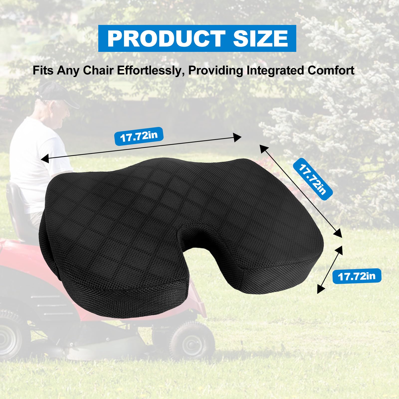 Eiszhjk universal-fit cushion adapts to riding mowers, office chairs, and more.