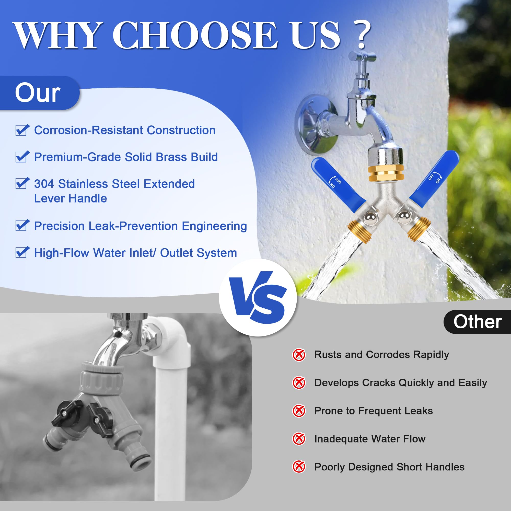 EJW 3‑year warranty on the brass hose splitter for peace of mind.