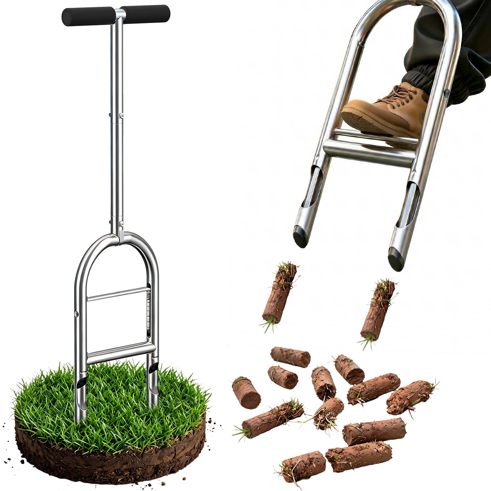 EKIORI manual lawn aerator with Step-to-Eject cores for faster, clog-free aeration.
