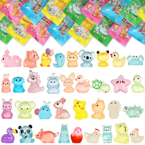 EKisemio glow-in-the-dark mini resin animals illuminate shelves and desks for nighttime decor.