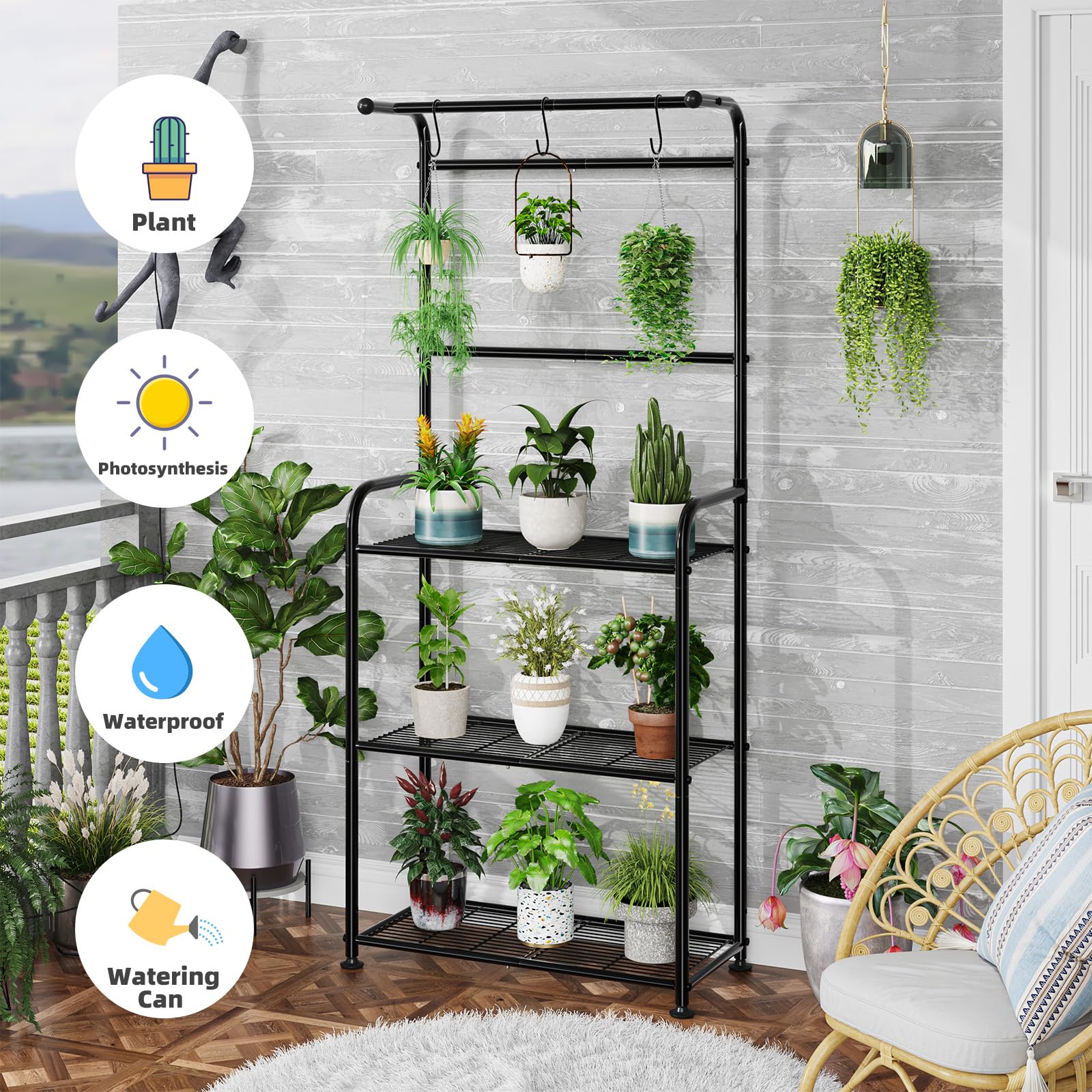 Ekisemio plant stand with hanging hooks for trailing plants and tools.