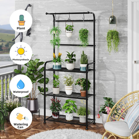 Ekisemio plant stand with hanging hooks for trailing plants and tools.