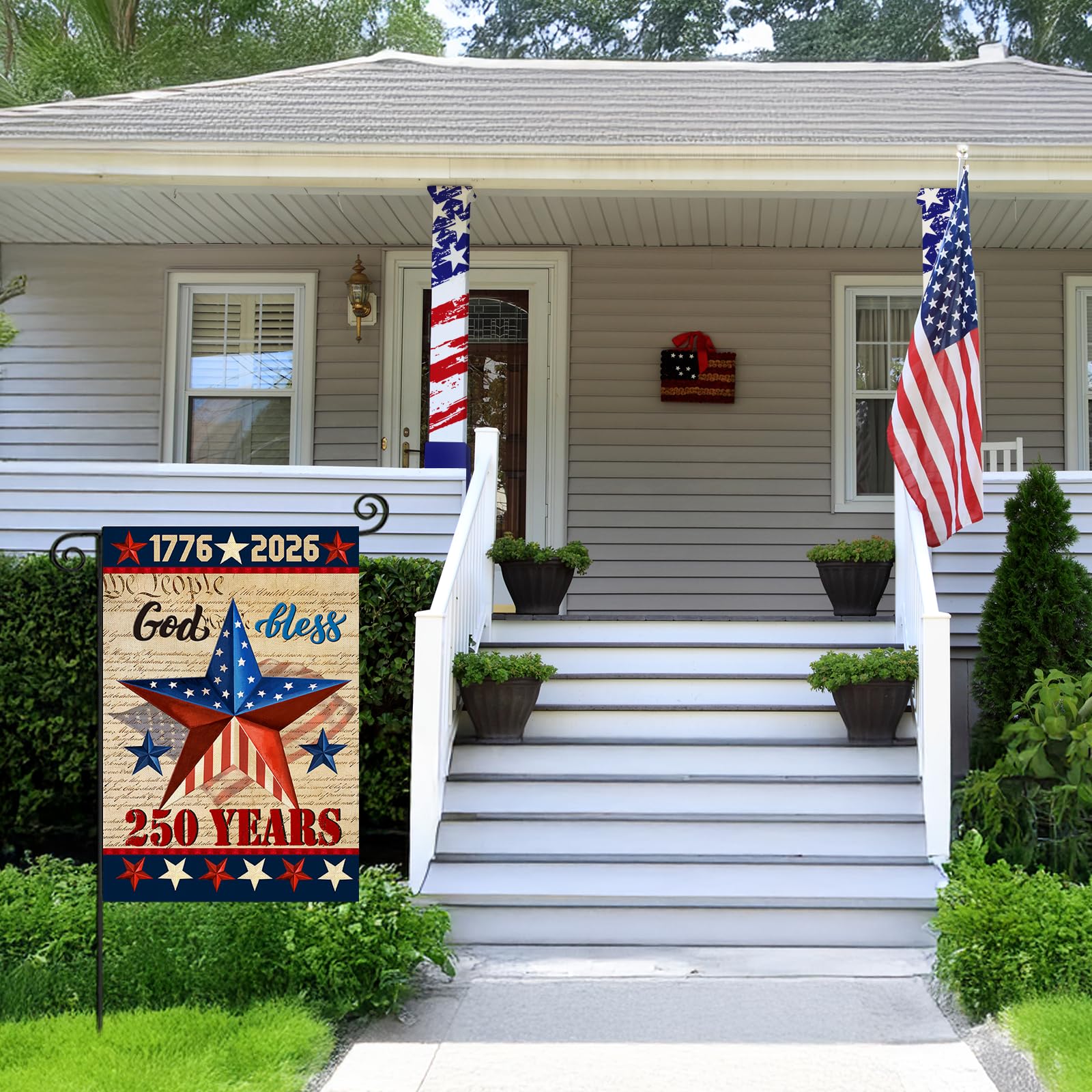 EKOREST 1776-2026 flag in UV fade-resistant burlap for durable yard decor.