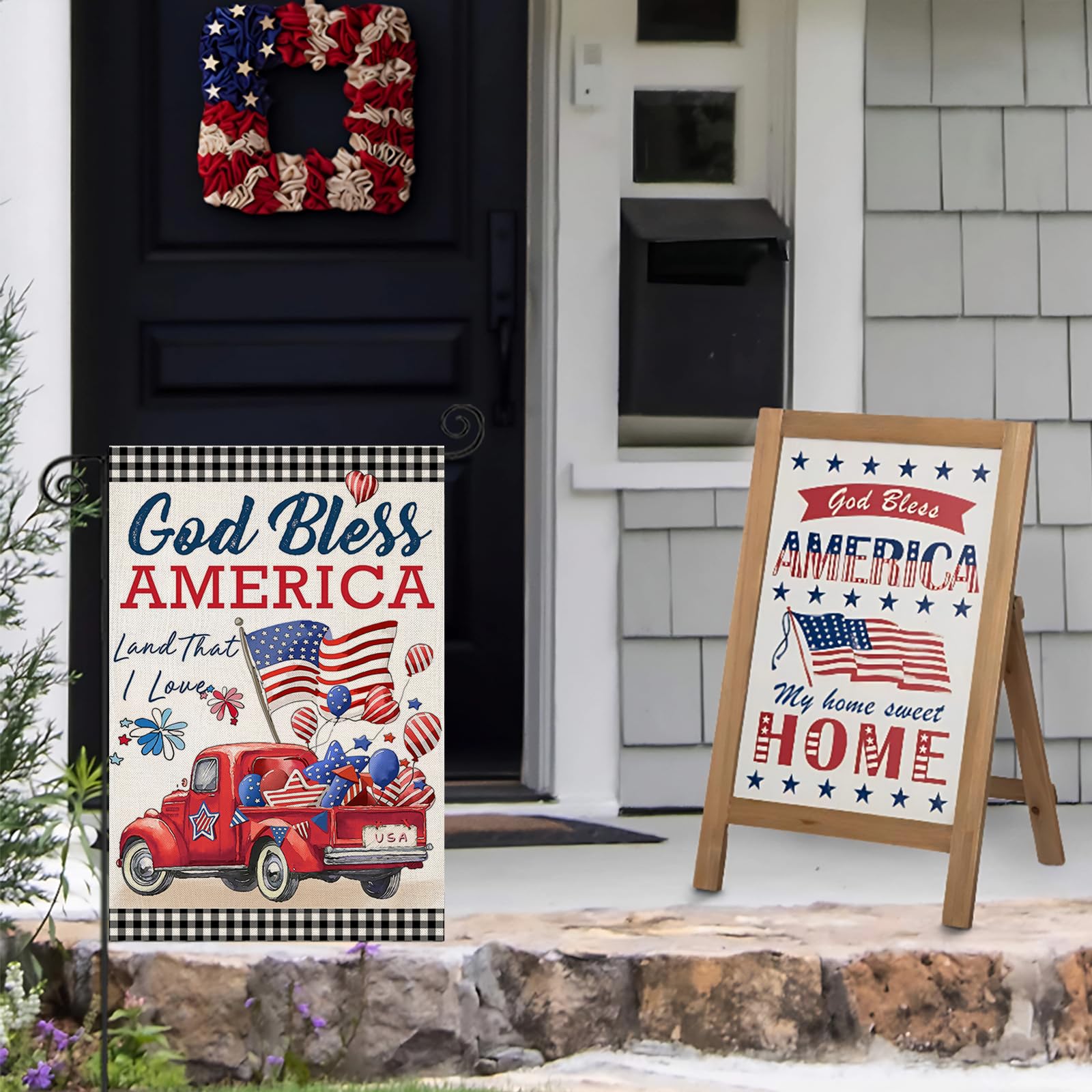 EKOREST bright buffalo plaid colors adding festive charm to a porch