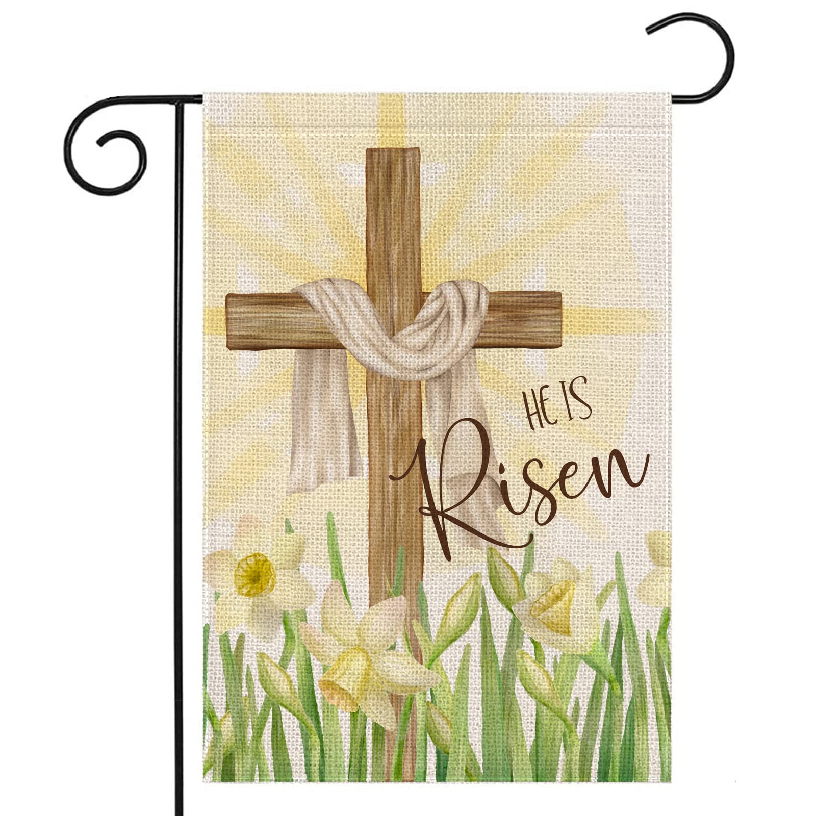EKOREST Easter Cross Flag He is Risen with narcissus decor for spring porch appeal